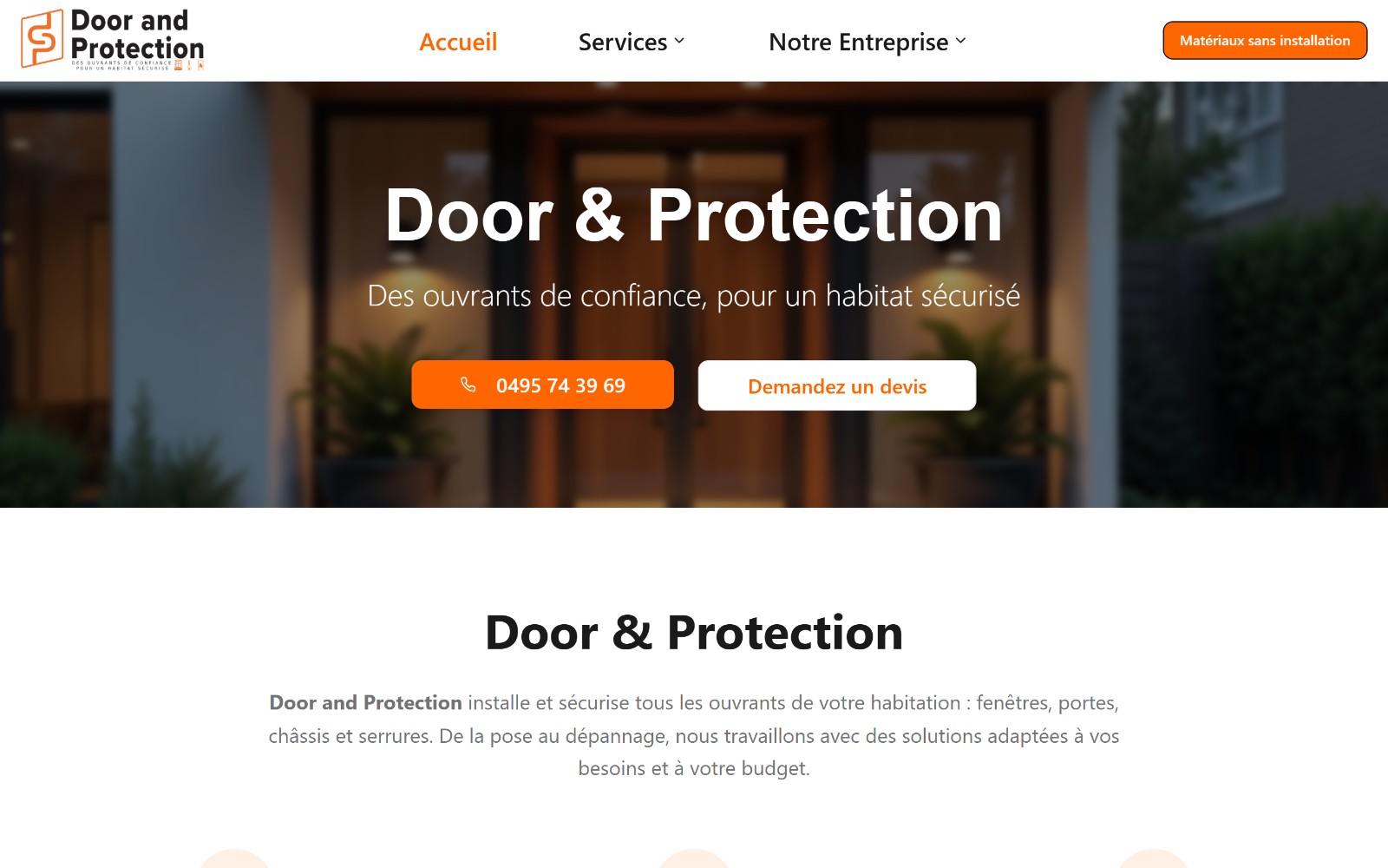 Door & Protection homepage with its hero over a photographed secured entrance door and a quote-request call to action