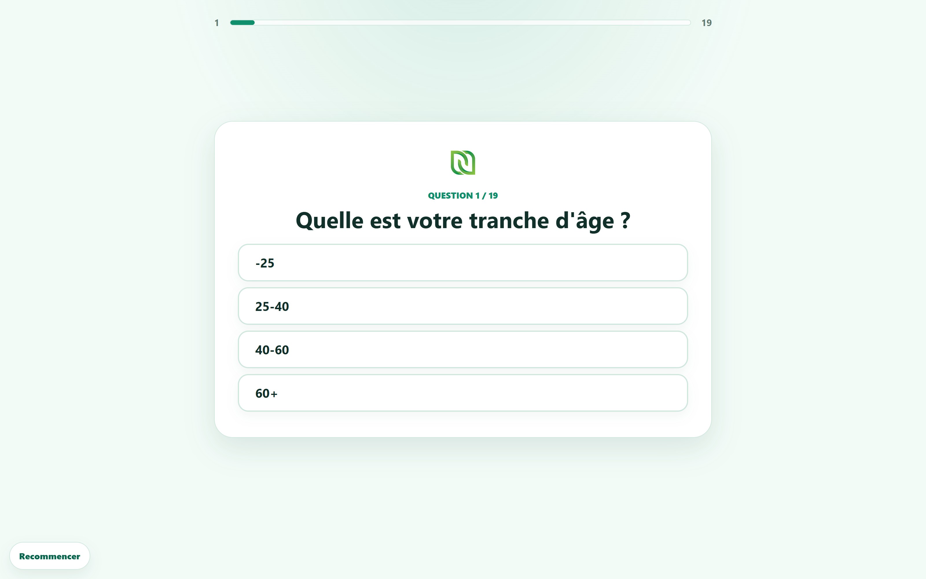 Naturalpharma feedback tool on a tablet: question 1 of 19 asking the visitor's age range with four large answer buttons