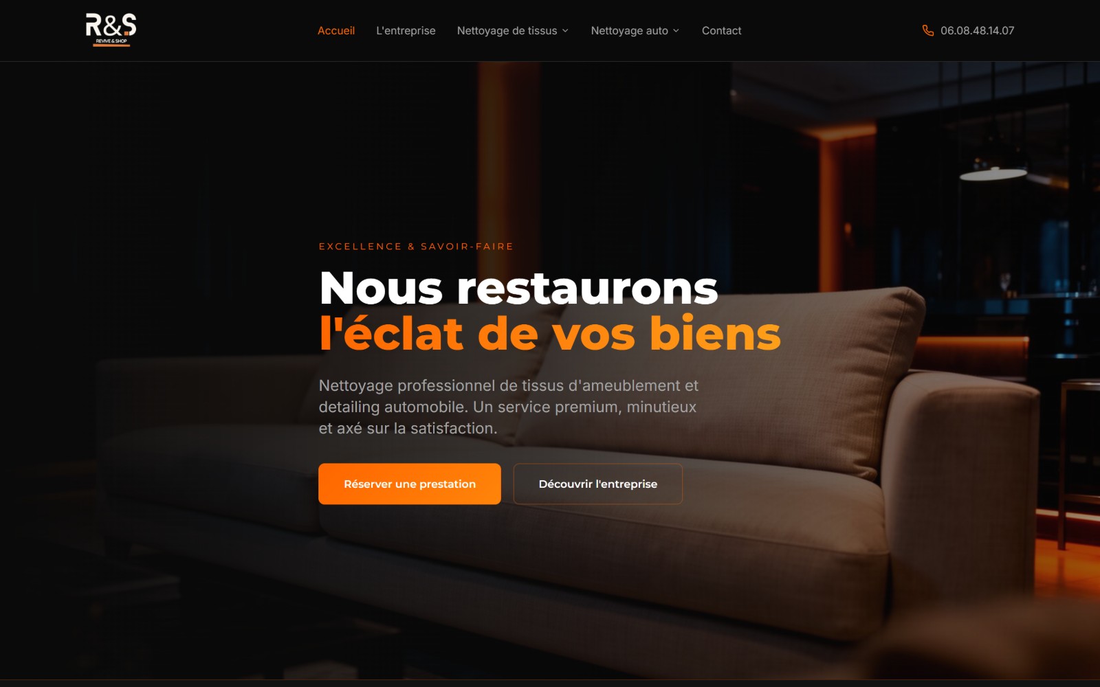 Revive & Shop homepage: a dark hero over a photographed sofa with the headline about restoring the shine of your belongings