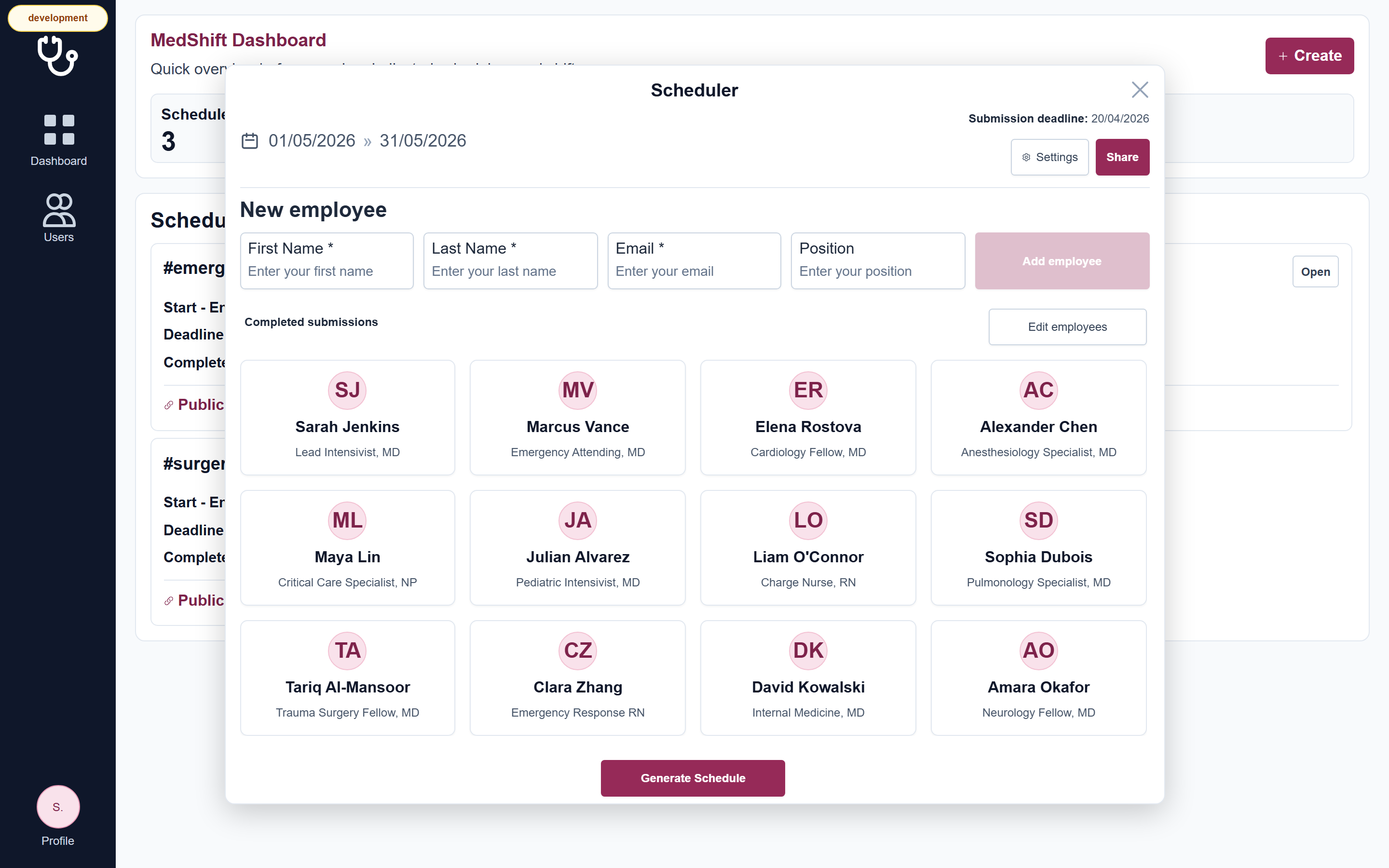 MedShift schedule setup: the employee roster, submission deadline and schedule generation controls